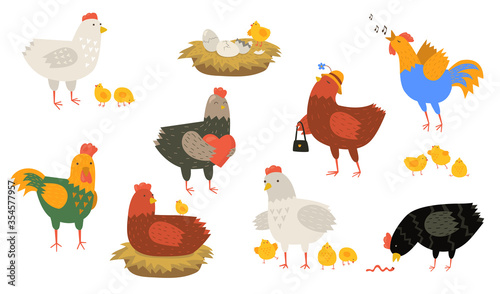 Cute hens and roosters flat icon set. Cartoon chicken singing, eating worm, sitting in nest isolated vector illustration collection. Funny domestic birds, farm and poultry concept