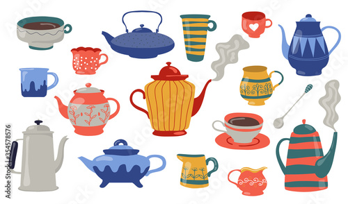 Teapots and cups flat icon set. Cartoon colorful ceramic, porcelain or metal home kitchenware isolated vector illustration collection. Kitchen, cooking and pottery concept