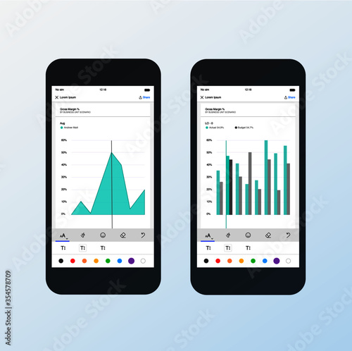 Power bi application. Smartphone with graphs and charts