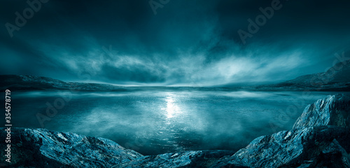 Modern futuristic fantasy night landscape with abstract islands and night sky with space galaxies. Multicolor neon glow. Reflection of light in water, stars. Empty scene, landscape.