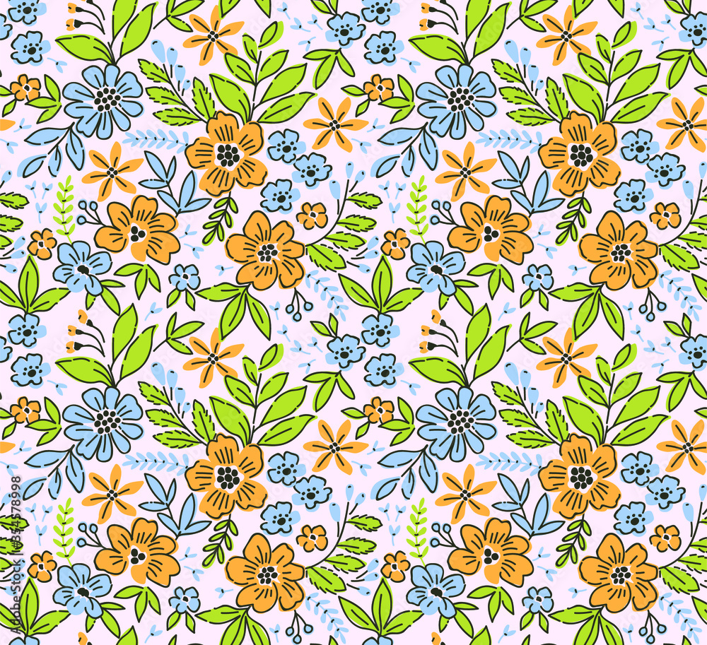 Elegant floral pattern in small yellow and light blue  flowers. Liberty style. Floral seamless background for fashion prints. Ditsy print. Seamless vector texture. Spring bouquet.