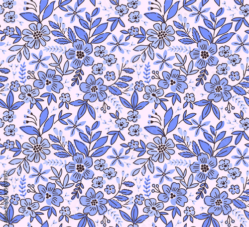 Vintage floral background. Seamless vector pattern for design and fashion prints. Flowers pattern with small light blue flowers on a white background. Ditsy style.