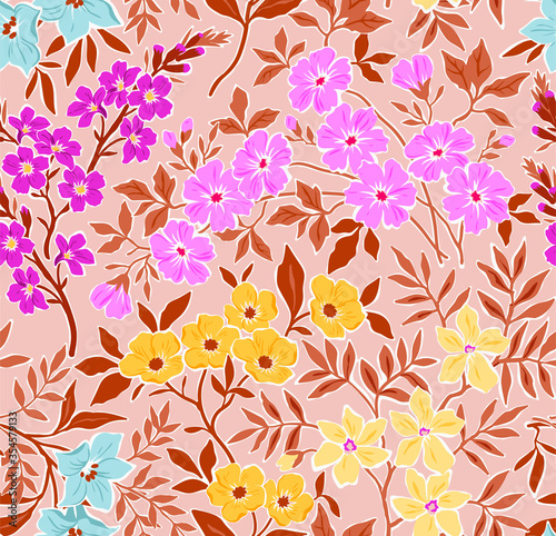 Cute floral pattern in the small flower. Ditsy print. Seamless vector texture. Elegant template for fashion prints. Printing with small colorful flowers. Light brown background.