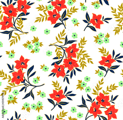 Seamless floral pattern for design. Small-scale orange flowers. White background. Modern floral texture. A allover floral design in bright colors. The elegant the template for fashion prints.
