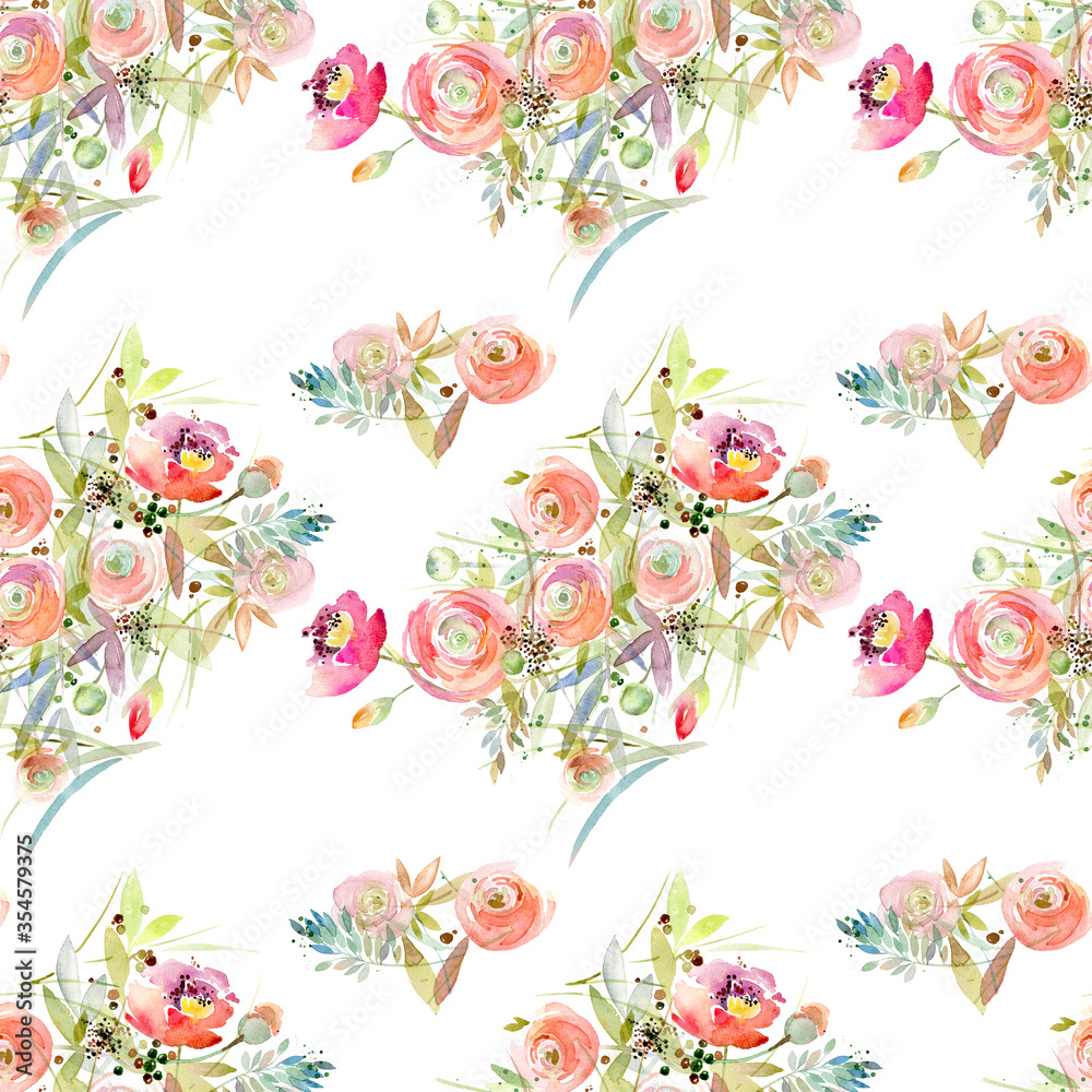 seamless pattern with blossom pink flowers. watercolor roses illustration