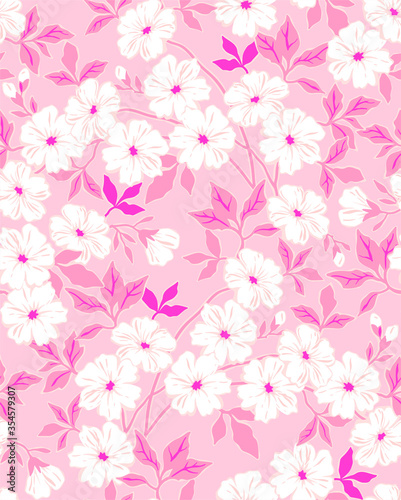 Cute floral pattern in the small flower. Ditsy print. Seamless vector texture. Elegant template for fashion prints. Printing with small white flowers. Light pink background.