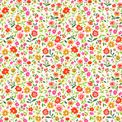 Fototapete Kleine Blumenmuster Rote und gelbe Streublümchen auf Weiß  © ann_and_pen
