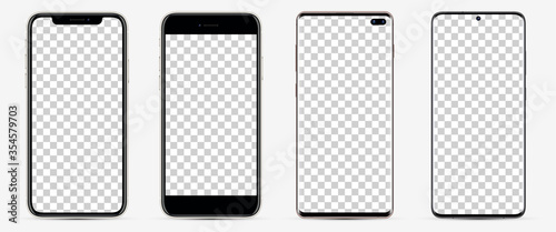 Realistic models smartphone with blank screens for your design. Mockup collection.  Vector illustration.