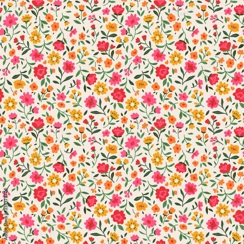 Cute floral pattern in the small flower. Ditsy print. Seamless vector texture. Elegant template for fashion prints. Printing with small orange flowers. White background.