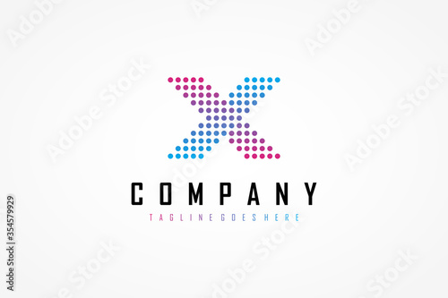 Abstract Initial Letter X Logo. Purple Blue Geometric Arrow Pixel Dots Halftone Style. Usable for Business and Technology Logos. Flat Vector Logo Design Template Element.
