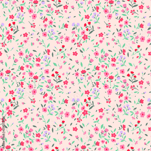 Floral pattern. Pretty flowers on white background. Printing with small pastel colour flowers. Ditsy print. Seamless vector texture. Spring field.