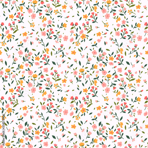 Cute floral pattern in the small flower. Ditsy print. Seamless vector texture. Elegant template for fashion prints. Printing with small pink and yellow flowers. White background.