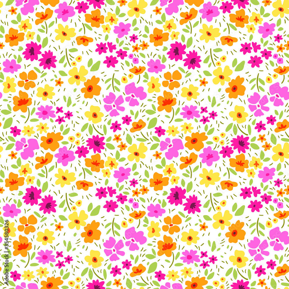 Floral pattern. Pretty flowers on white  background. Printing with small pink and yellow flowers. Ditsy print. Seamless vector texture. Spring bouquet.