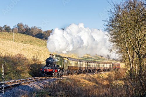 GWR Mogul No. 9351 steams towards Washford at Cleeve Hill with the 09:40 service to Minehead from Bishops Lydeard on Monday 30th December 2019, the final day of the Winter Steam Festival.