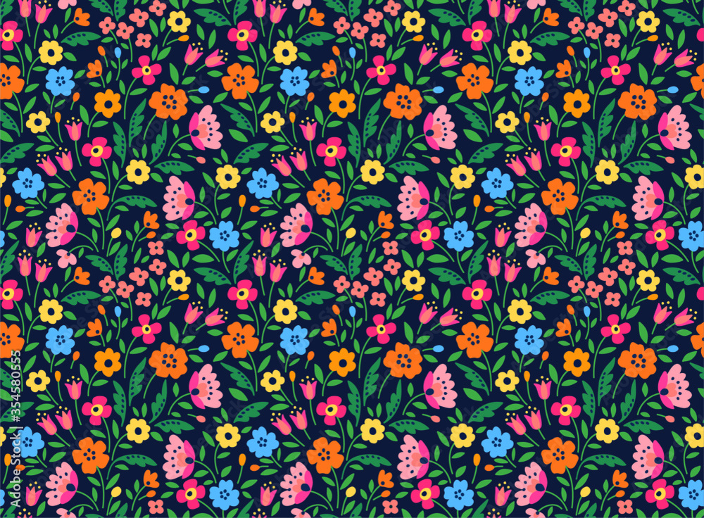 Cute floral pattern in the small flower. Print in folklore style. Seamless vector texture. Elegant template for fashion prints. Printing with small colorful flowers. Dark blue background. Cute floral pattern in the small flower. Print in folklore style. Seamless vector texture. Elegant template for fashion prints. Printing with small colorful flowers. Dark blue background.