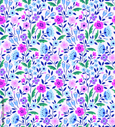 Cute floral pattern in the small flower. Ditsy print. Seamless vector texture. Elegant template for fashion prints. Printing with small lilac flowers. White background.