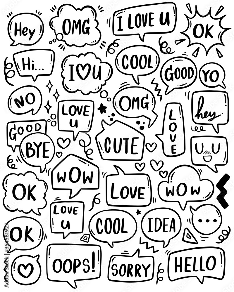 0095 hand drawn background Set of cute speech bubble eith text in doodle style