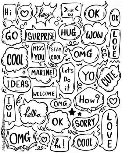 0095 hand drawn background Set of cute speech bubble eith text in doodle style