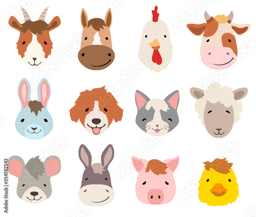 farm cartoon animals faces collection on white. vector illustration
