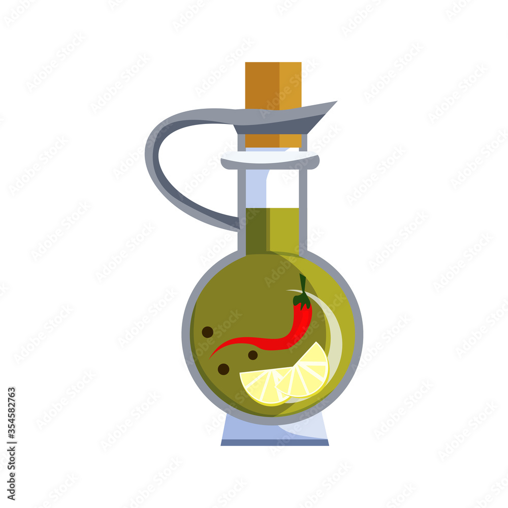 Obraz premium Olive oil with pepper illustration. Glass bottle, pepper, lemon. Food concept. illustration can be used for topics like agriculture, natural food, eco product