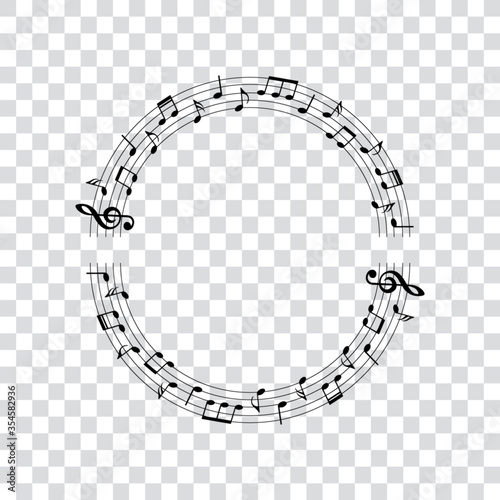 Music notes, circle halves with music notes, vector illustration.