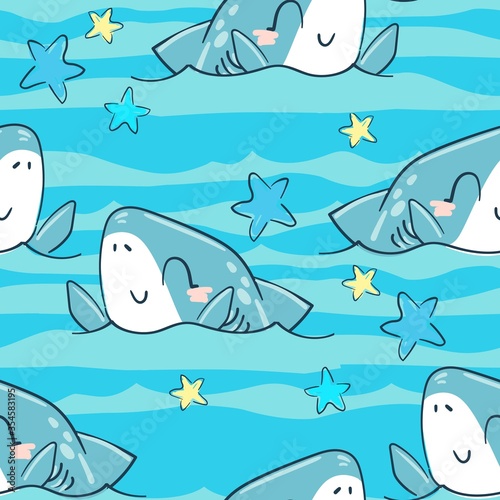 Fototapeta Naklejka Na Ścianę i Meble -  Seamless pattern cute shark and starfish background for textile. Vector illustration. Childish print design for fabric, t-shirts, poster, background.