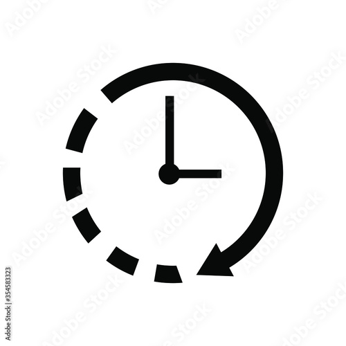 Black and white graphic of a clock face with an arrow indicating time passing, partially dashed line.
