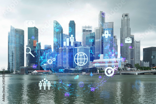 Canvas Print Social media icons hologram over panorama city view of Singapore, Asia