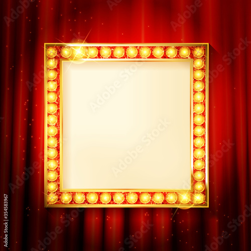 Suspended gold frame on the red curtain