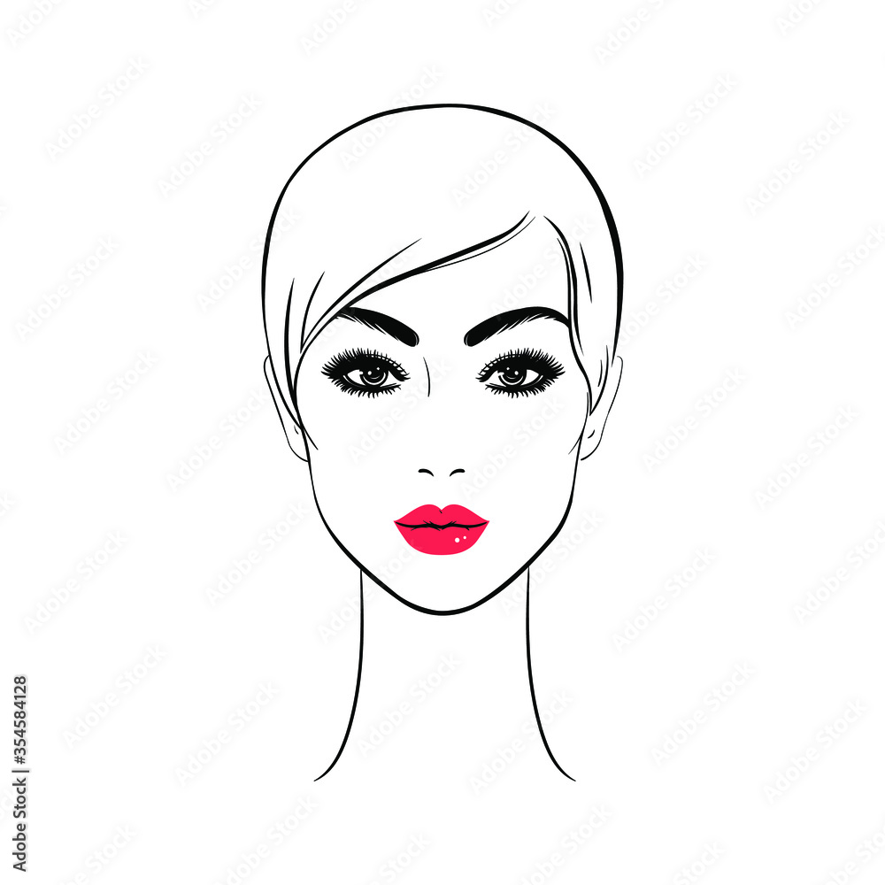 Beautiful woman face with red lips. Line illustration. Vector Stock illustration isolated on white background. Fashion, sketch drawing. Beautiful woman face with red lips. Line illustration. Vector Stock illustration isolated on white background. Fashion, sketch drawing.