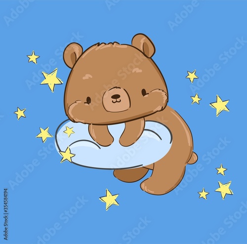 ute teddy bear is sitting on a cloud. Vector illustration. Print for pajamas.