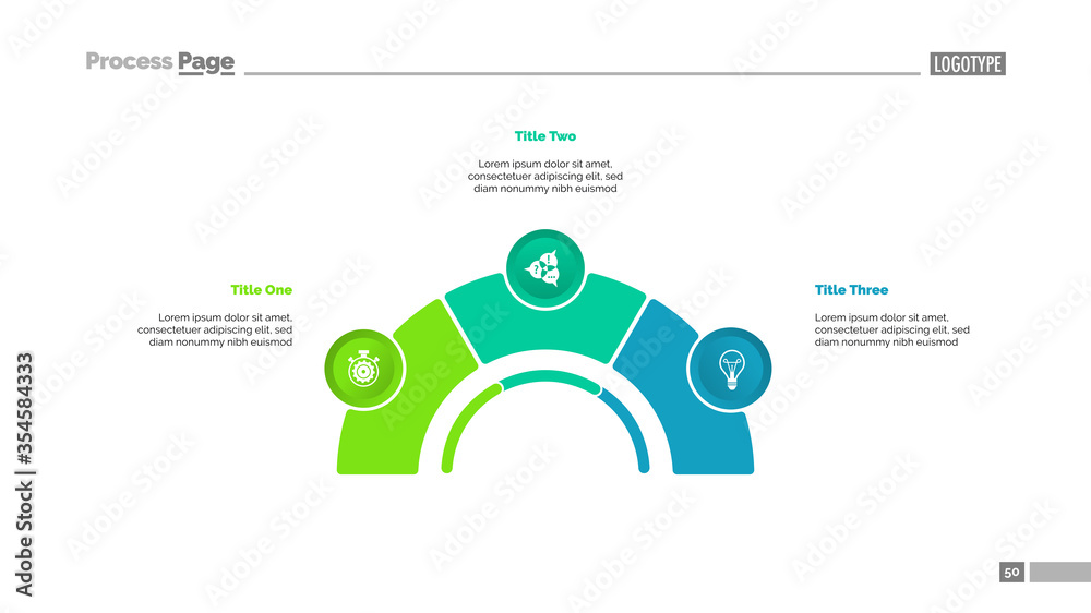 Process chart with three elements. Step diagram, pie chart, layout ...