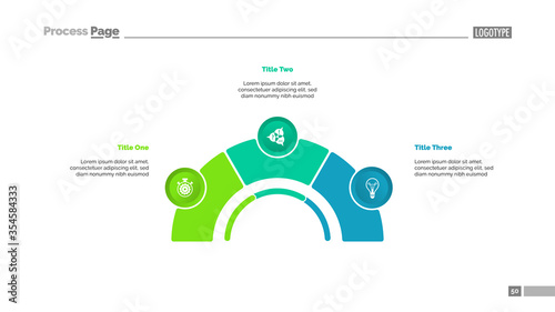 Process chart with three elements. Step diagram, pie chart, layout. Creative concept for infographics, presentation, project, report. Can be used for topics like management, strategy, planning.