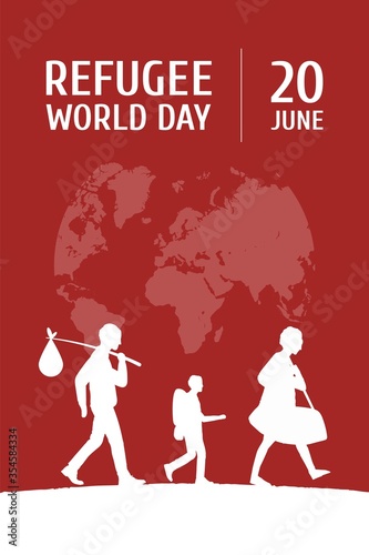 World Refugee Day on June 20 vertical poster template. Globe map, family of man, woman and child leaving motherland.