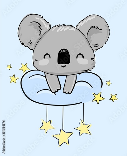 ute Koala sitting on a cloud and stars. Vector illustration. Print for home clothes, pajamas, a nightdress, textiles. Childish design.