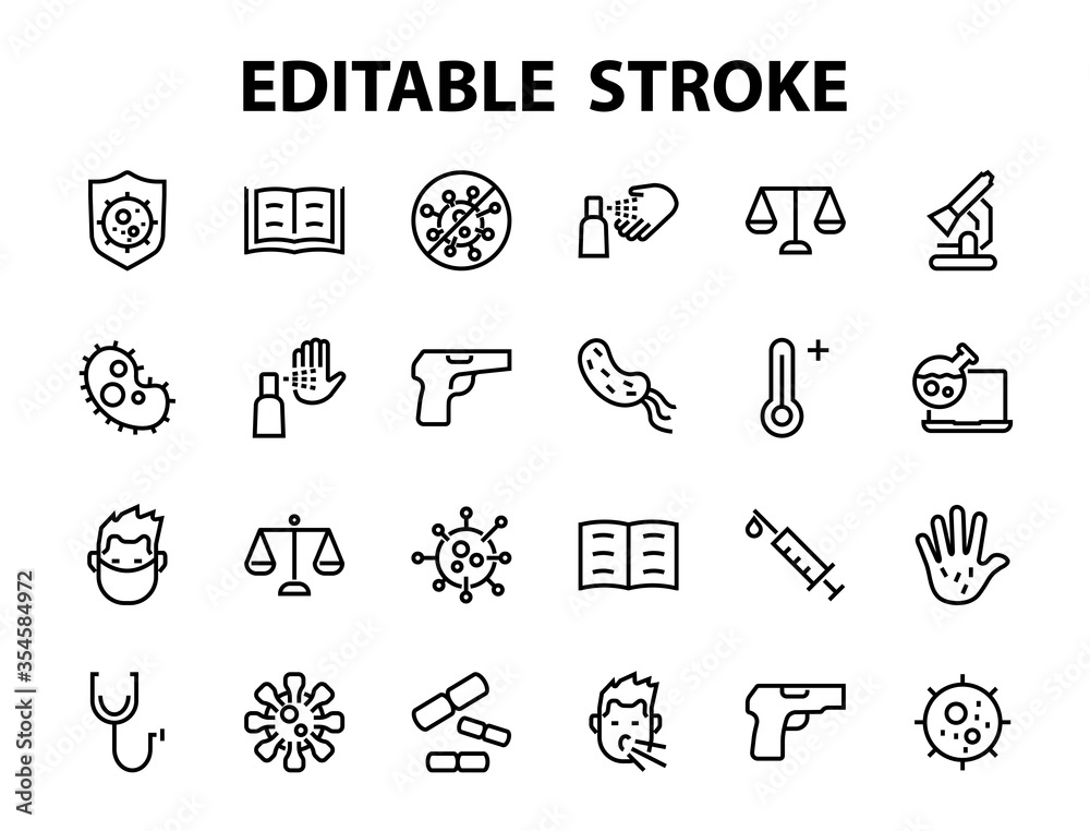 CORONAVIRUS set of icons on the theme of coronavirus, contains icons such as antiseptic, hand washing, mask, bacteria, sneezing, temperature Editable stroke, Vector illustration