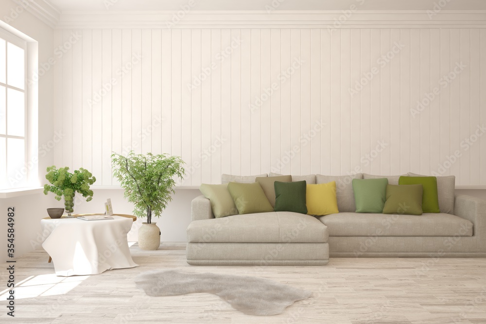 © AntonSh - White living room with sofa. Scandinavian interior design. 3D illustration