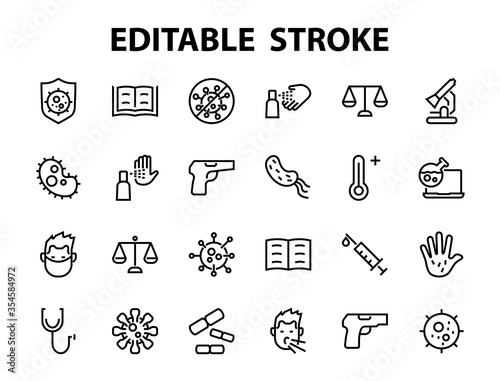 CORONAVIRUS set of icons on the theme of coronavirus, contains icons such as antiseptic, hand washing, mask, bacteria, sneezing, temperature Editable stroke, Vector illustration