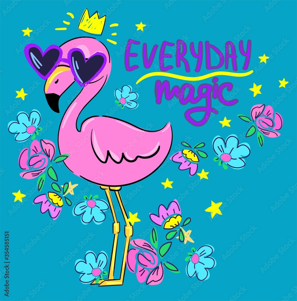 Pink flamingo with glasses and flowers. Design print. Vector illustration. Everyday magic.