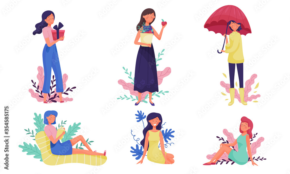 Young Woman Walking and Sitting Reading Book with Floral Twigs and Branches Behind Vector Illustration Set Young Woman Walking and Sitting Reading Book with Floral Twigs and Branches Behind Vector Illustration Set