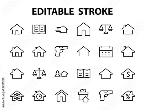 Simple set of line vector home icons. Contains house symbols at interest, infuse house and more. Editable stroke. 480x480 pixels perfect