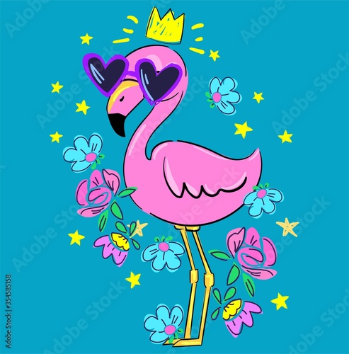 Hand Drawn Pink flamingo with glasses and flowers. Greeting card for Valentine's Day. Print for textiles, t-shirts, fashion. Vector illustration.