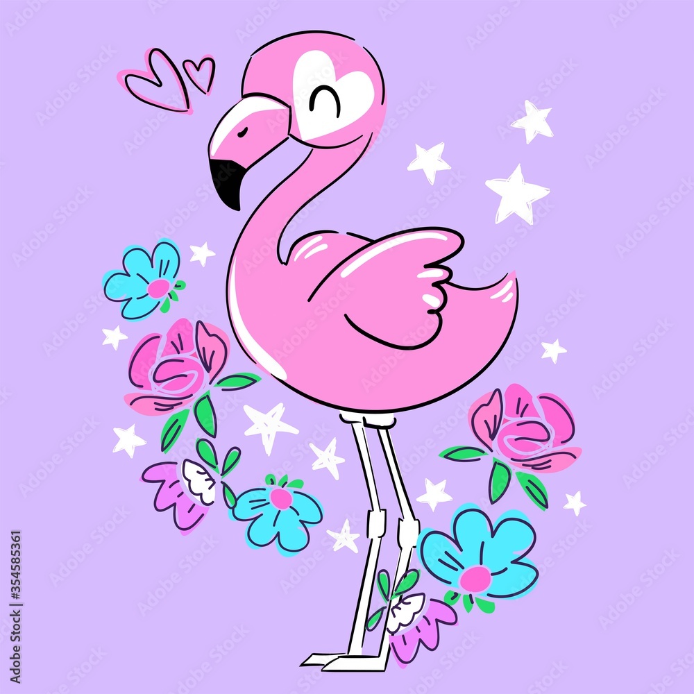 Obraz premium Hand Drawn Pink flamingo and flowers. Print for textiles, t-shirts, fashion. Vector illustration.