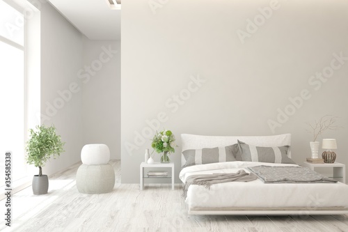 White bedroom interior. Scandinavian design. 3D illustration