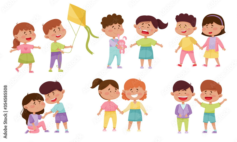 Friendly Little Kids Holding Hands and Cheering Up Each Other Vector Illustrations Set Friendly Little Kids Holding Hands and Cheering Up Each Other Vector Illustrations Set