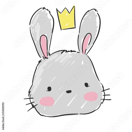 Hand drawn cute gray bunny. Rabbit in a crown Isolated on a white background. Childish print design for newborns, textiles, baby prints. Vector
