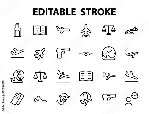 A simple set of airport related vector line icons. Contains badges such as departure, boarding, waiting time, boarding, find a place to travel tickets, and much more. Editable stroke. 48x48 pixels