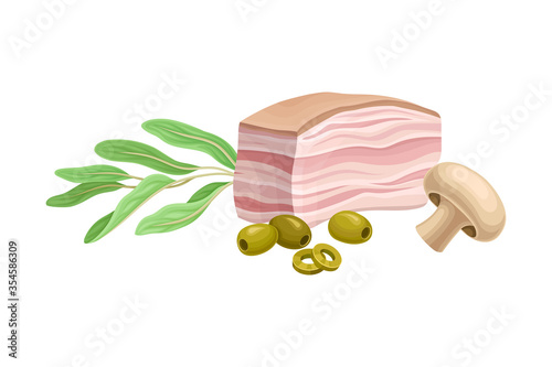Piece of Fresh Lard or Bacon with Olives and Mushroom Nearby Vector Composition