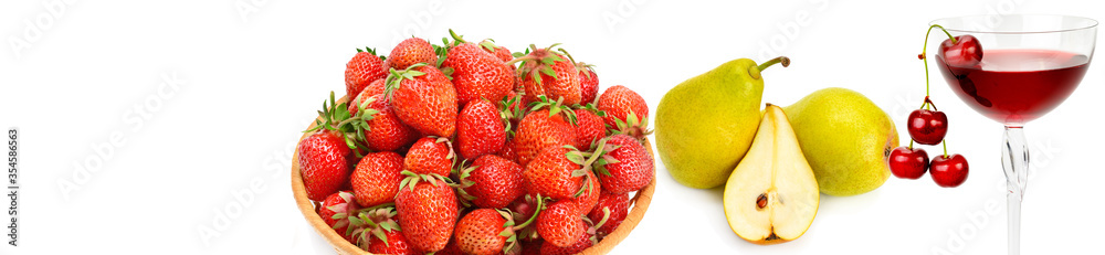 Fruits isolated on white background. Panoramic collage. Wide photo with free space for text. Fruits isolated on white background. Panoramic collage. Wide photo with free space for text.