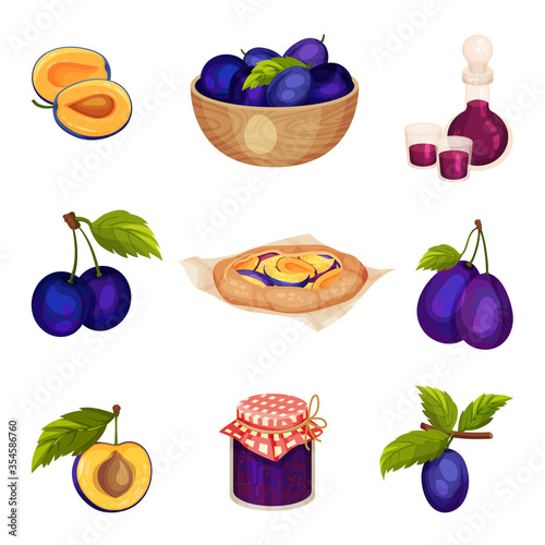 Plum Foodstuff with Sweet Pie and Fruit Jam in Glass Jar Vector Set